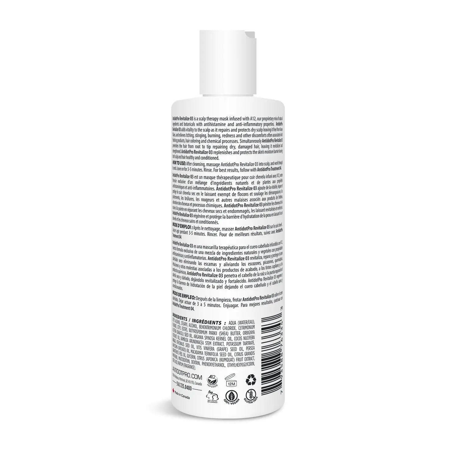Back view of AntidotPro 02 Cleanse 240ML bottle, showing product label and detailed usage instructions for scalp treatment.