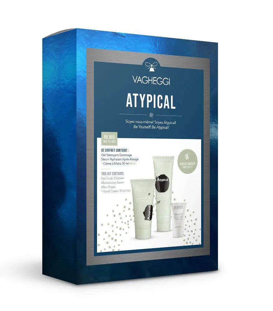 Atypical Christmas Gift Set featuring gel cleanser, scrub, after-shave, moisturizing serum, and hand cream in an elegant box.