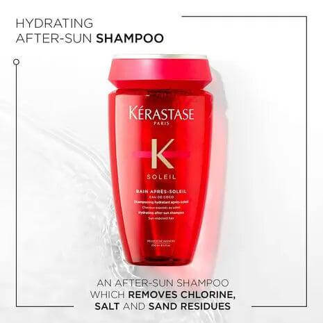 Kerastase Bain Après-Soleil Shampoo for hydrating and repairing sun-exposed hair, removes chlorine and salt residues.