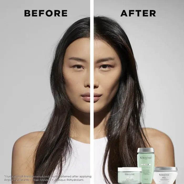 Before and after results of Kérastase Bain Divalent showing reduced oil and hydrated hair.
