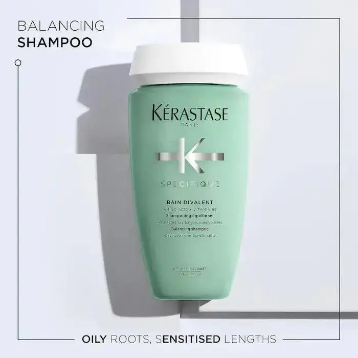 Kérastase Bain Divalent balancing shampoo for oily roots and dry ends, controls oil and hydrates hair.