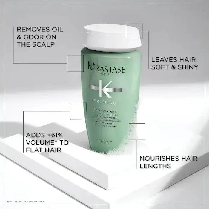Kérastase Bain Divalent shampoo bottle with benefits: controls oil, softens hair, nourishes ends, and boosts volume by 61%.