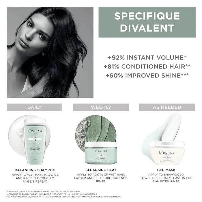 Kérastase Specifique Divalent product range with shampoo, cleansing clay, and gel mask for oily roots and dry ends.