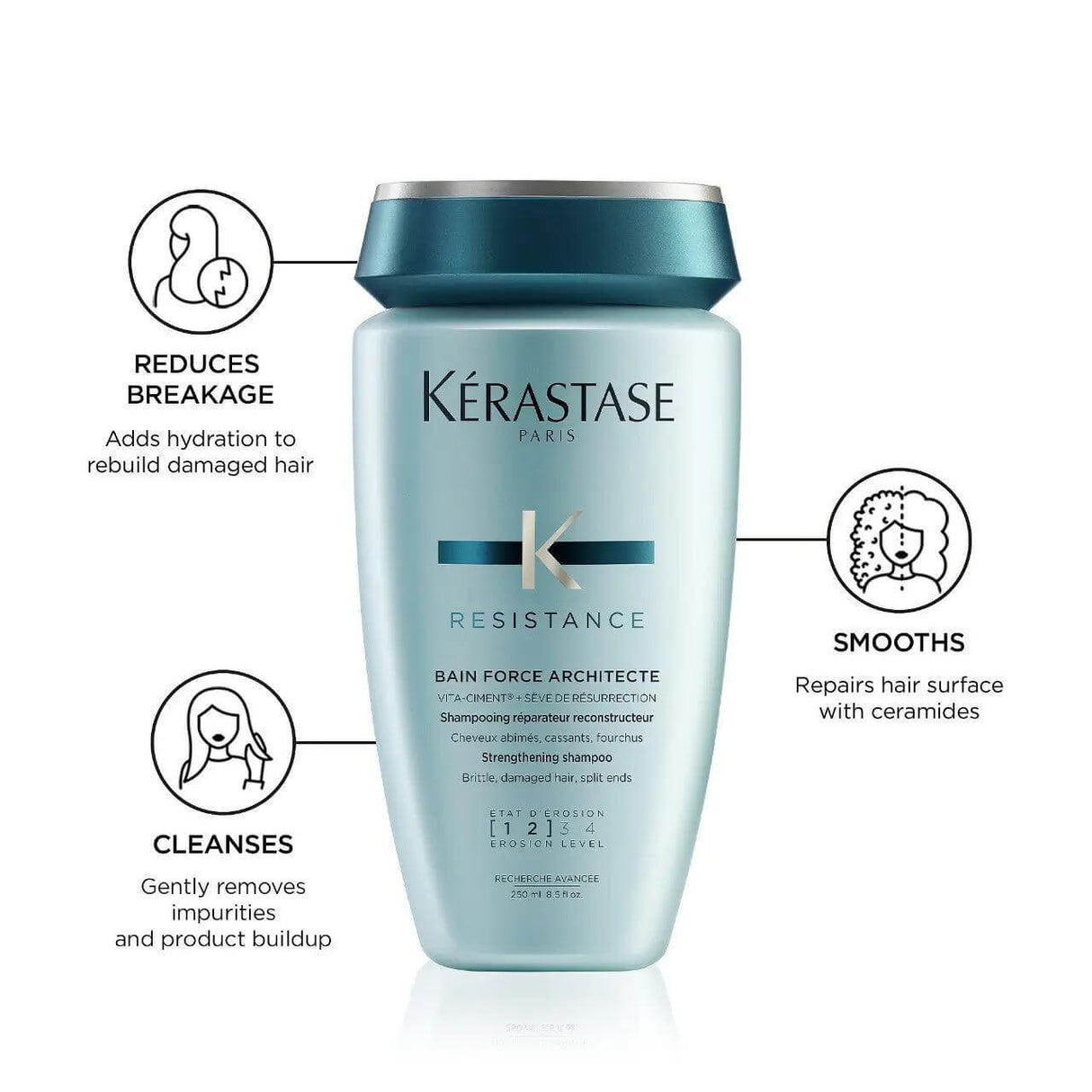Kérastase Bain Force Architecte Shampoo bottle highlighting benefits like reducing breakage, smoothing, and cleansing hair.