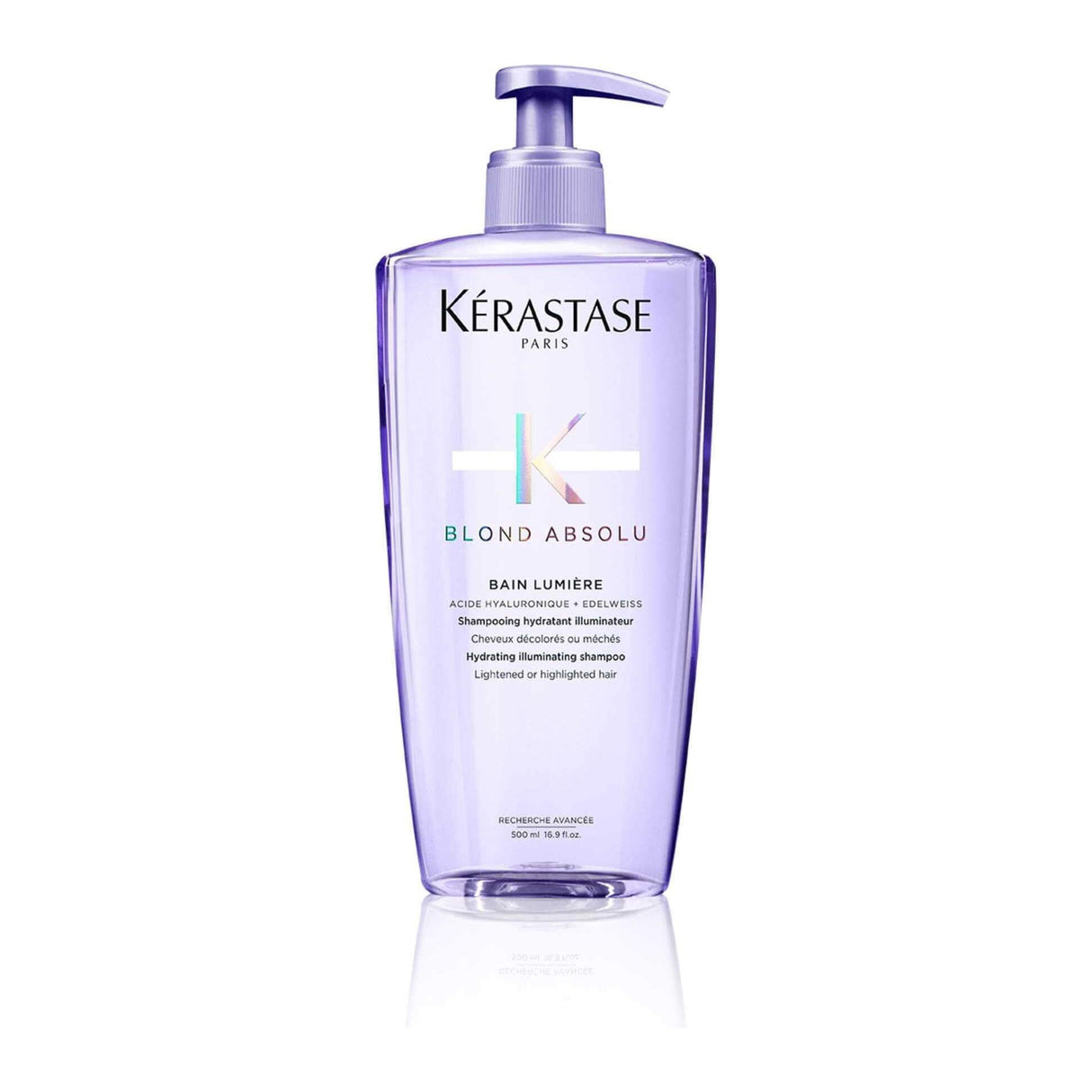 Kerastase Bain Lumière Blond Absolu shampoo with hyaluronic acid for blonde hair, enhances shine and fortifies hair against dryness.