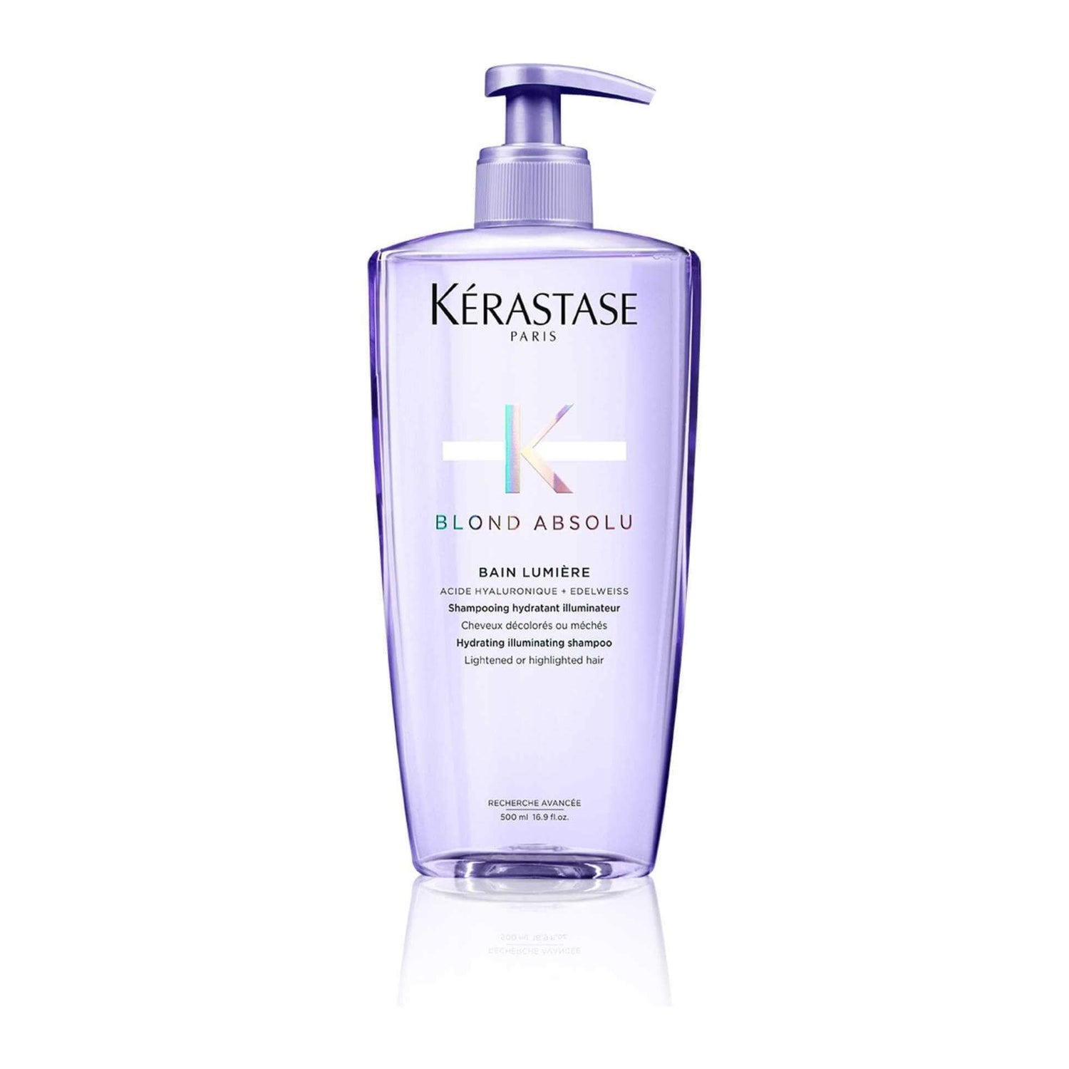 Kerastase Bain Lumière Blond Absolu shampoo with hyaluronic acid for blonde hair, enhances shine and fortifies hair against dryness.
