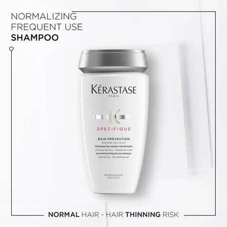 Kérastase Bain Prévention Shampoo for normalizing frequent use, addressing hair thinning and promoting scalp wellness.
