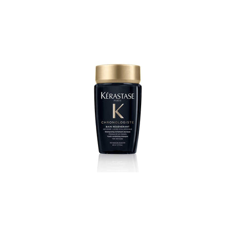 Kérastase Bain Régénérant shampoo bottle for rejuvenating hair care with a gold cap against a white background.