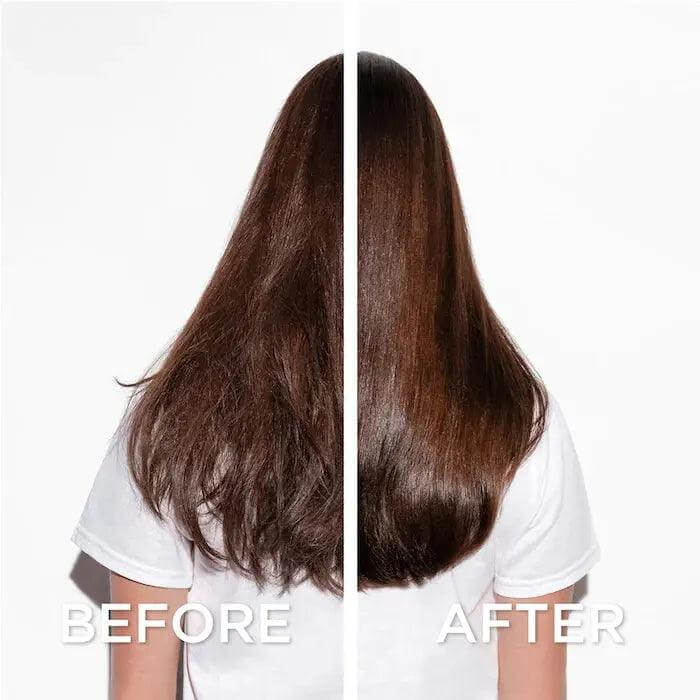 Before and after results of Bain Régénérant shampoo on hair, showing improved shine and smoothness.