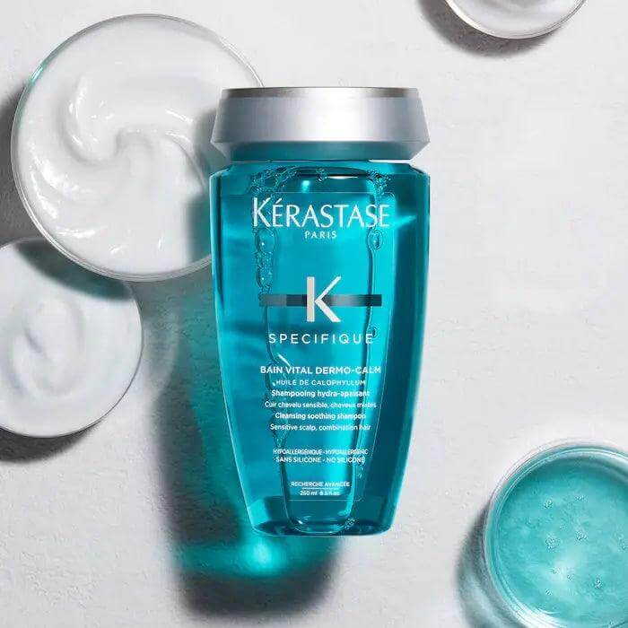 Kérastase Bain Vital Dermo-Calm Shampoo for sensitive scalps, shown with soothing formula, ideal for dry, itchy, and irritated scalps.