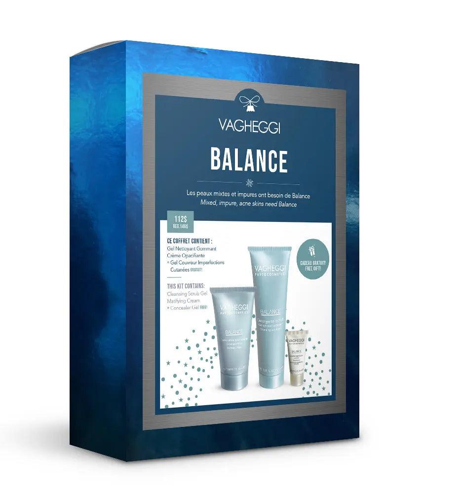 Balance Christmas Gift Set with cleansing scrub gel, matte cream, concealer gel for skincare.