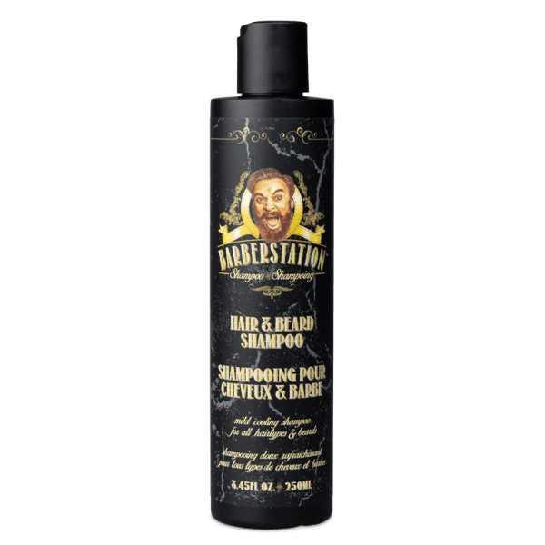 Barberstation Hair & Beard Shampoo bottle with mint fragrance for men, designed for both scalp and beard care.
