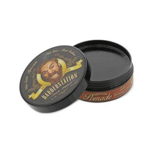 Barberstation Pomade with open lid, showing medium firm hold styling product ideal for classic hairstyles, in a 100ml container.