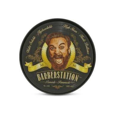 Barberstation Pomade tin featuring medium hold, high shine, fresh scent, ideal for pompadour style. 100ml packaging with vintage design.