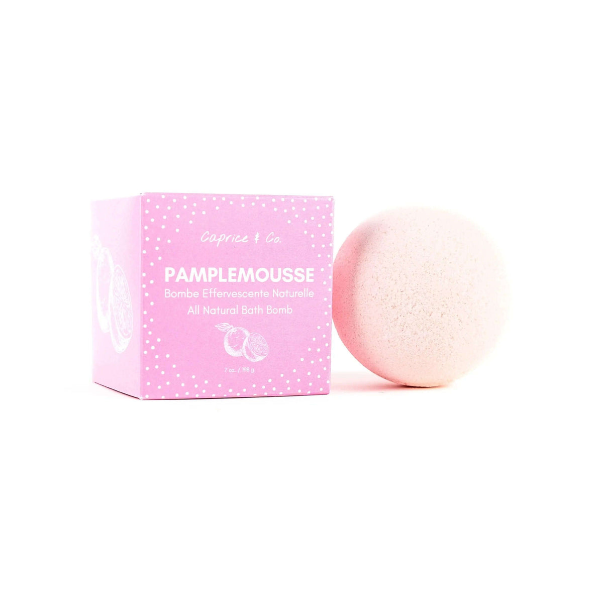 All Natural Bath Bomb with Pamplemousse scent next to its pink box packaging, 7oz XL size.
