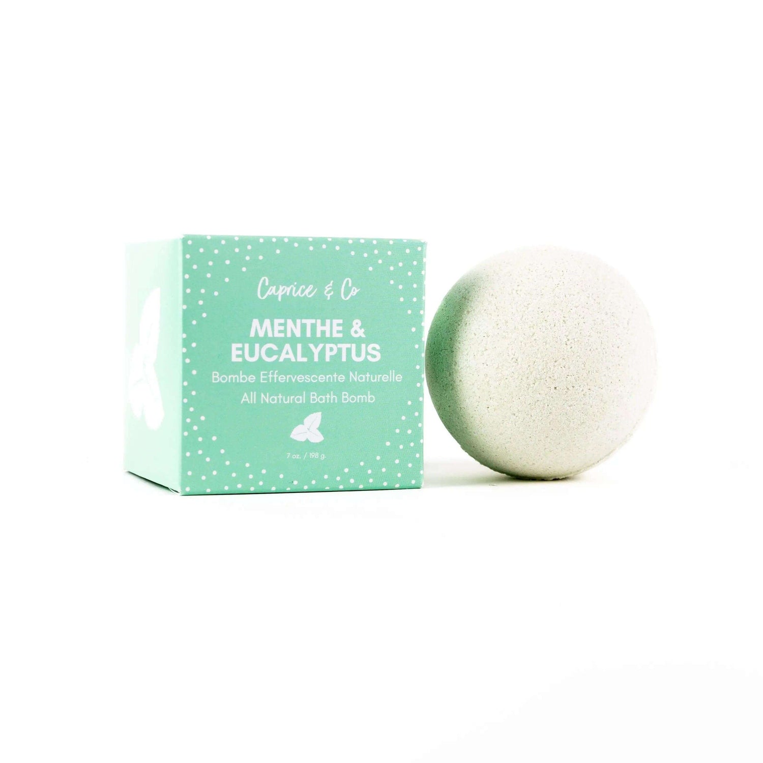 All natural menthe and eucalyptus bath bomb with packaging, 7oz size.