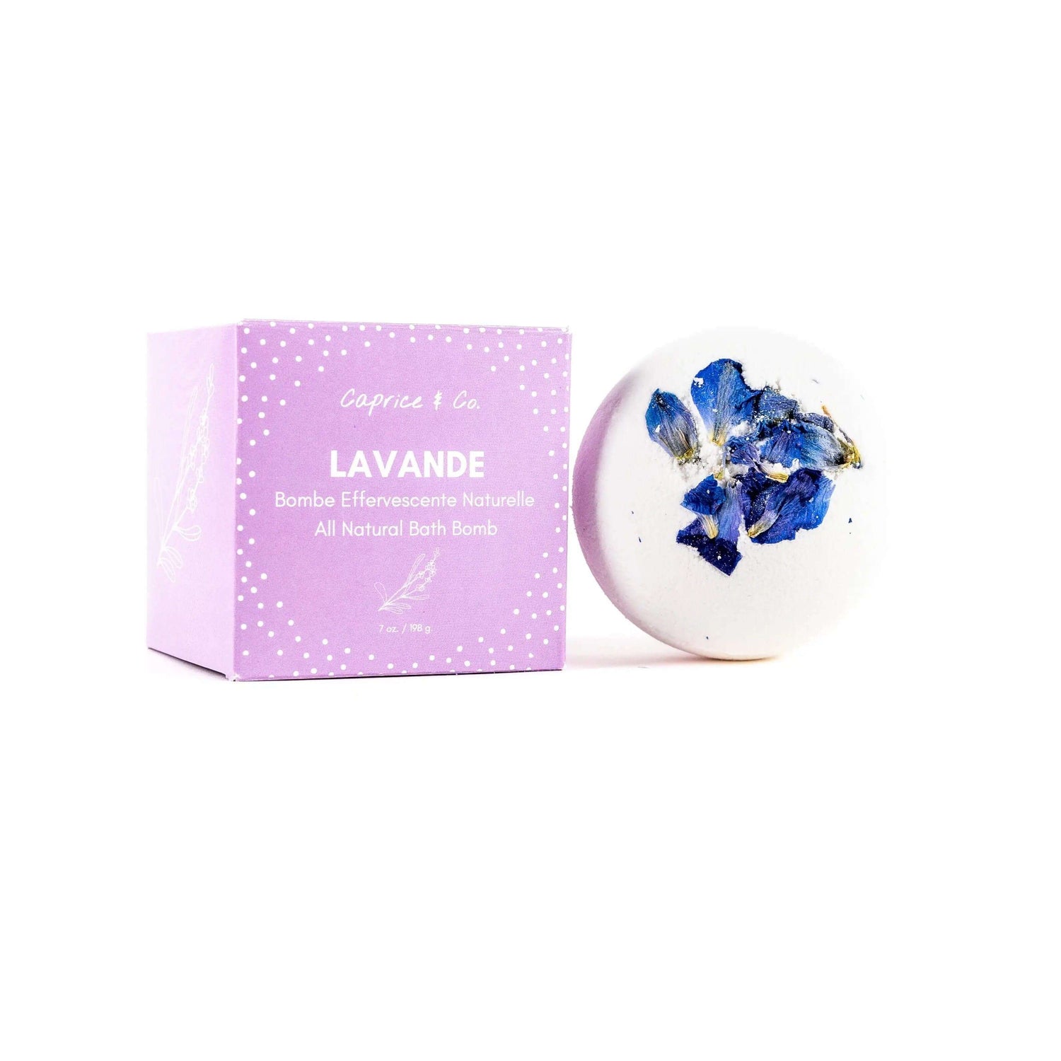 All natural lavender bath bomb with floral accents, boxed packaging, eco-friendly ingredients for soothing and relaxing baths.