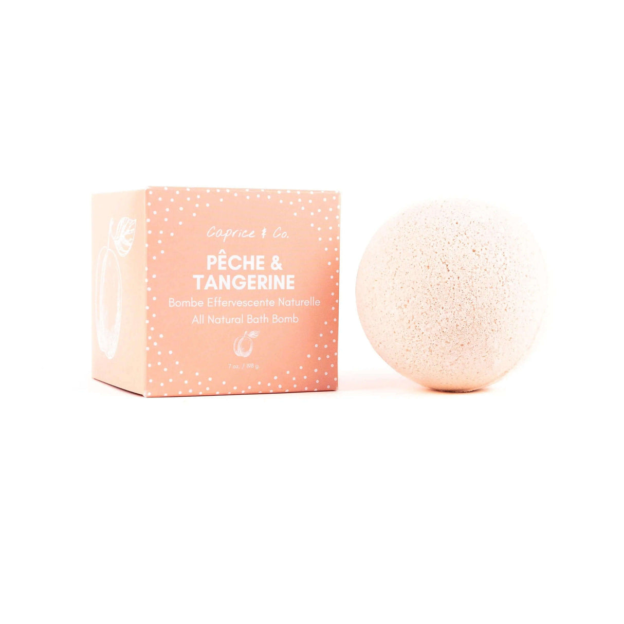Peach and tangerine all-natural bath bomb with packaging, 7 oz, 200g, featuring cleansing sodium bicarbonate and soothing epsom salt.