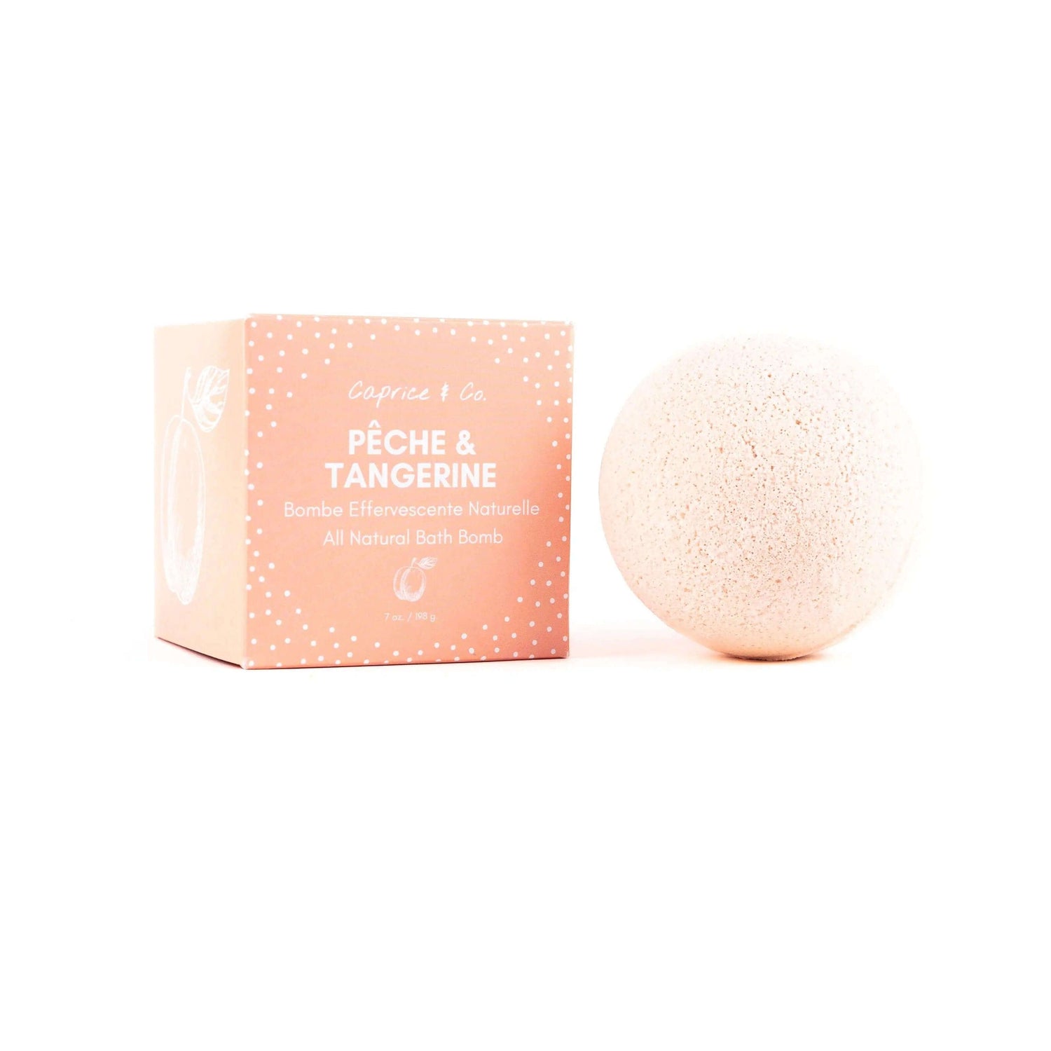 Peach and tangerine all-natural bath bomb with packaging, 7 oz, 200g, featuring cleansing sodium bicarbonate and soothing epsom salt.