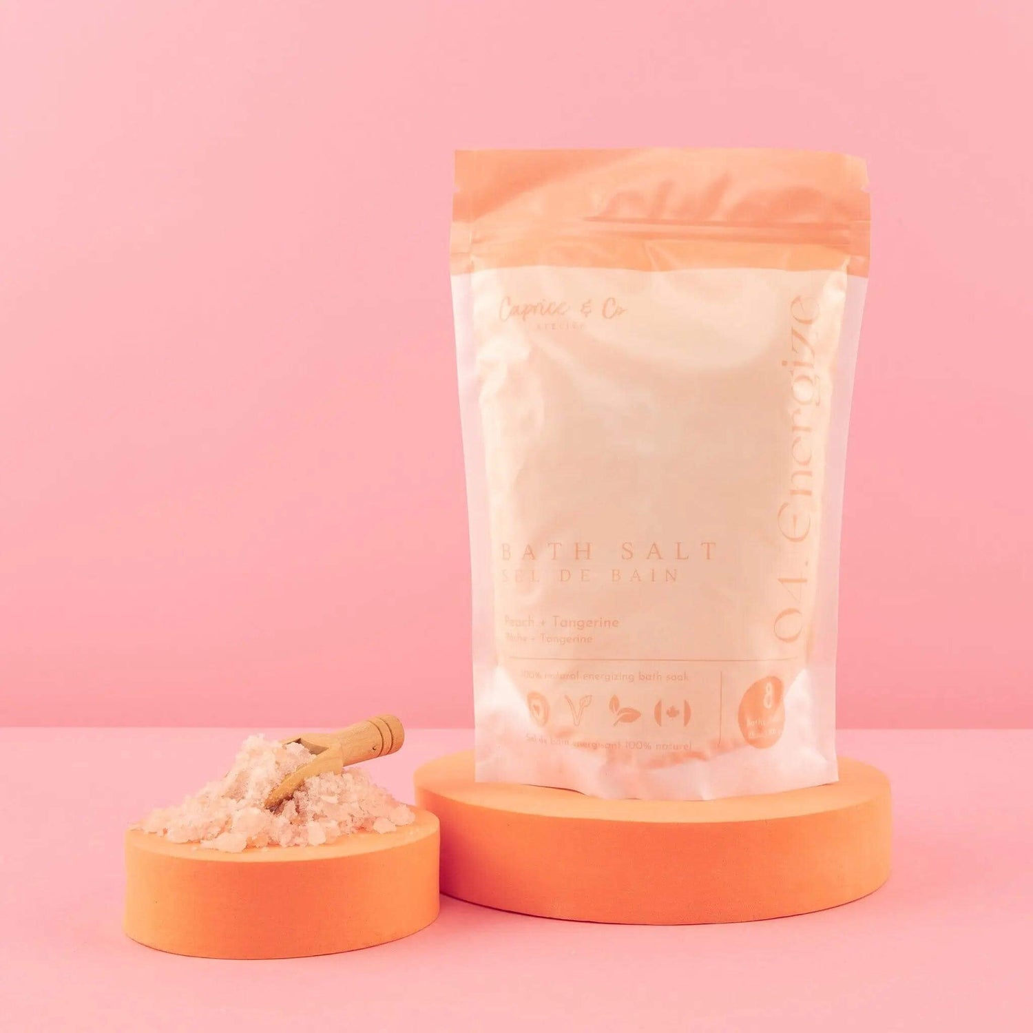 All Natural Neroli & Grapefruit Bath Salts with Himalayan pink salt on peach backdrop