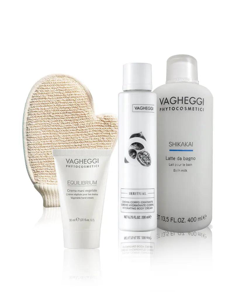 Bath Time Christmas Gift Set with Shikakai Bath Milk, Irritual Body Cream, Hand Cream 30ml, and Luffa Glove for luxurious skincare.