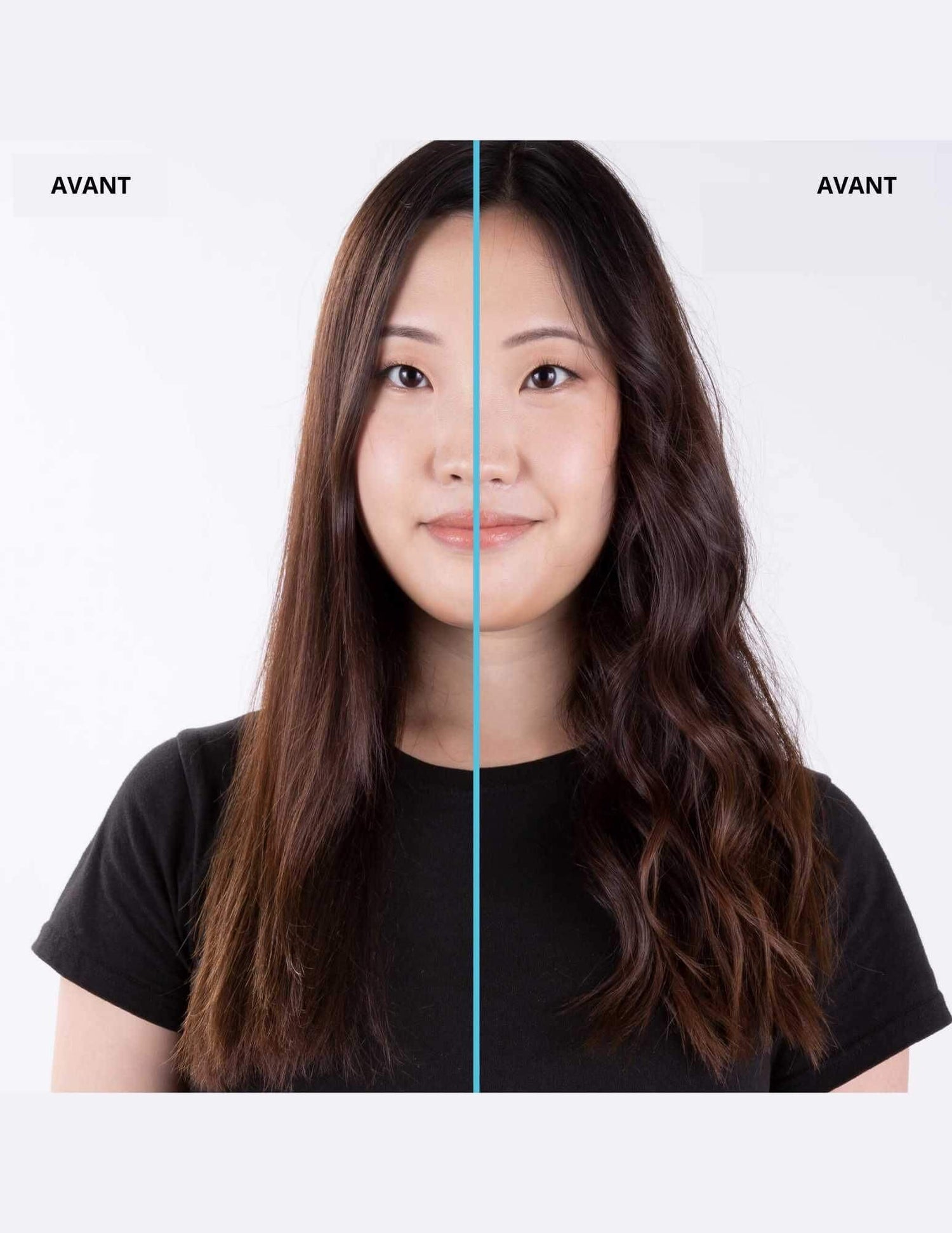 Woman with straight hair on one side and beachy waves on the other demonstrating the effects of Redken Beach Spray.