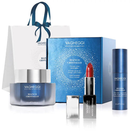 Bianco Cristallo Trio set with anti-wrinkle cream, regenerating cream, and lipstick, featuring a free gift bag.