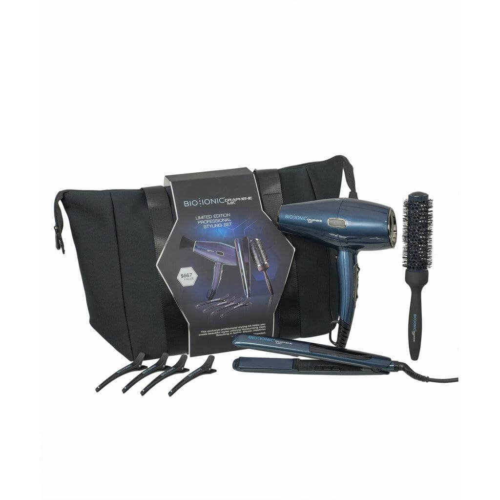 Bio Ionic Graphene MX Professional Stylist Set with hair dryer, flat iron, round brush, and clips in black neoprene bag.