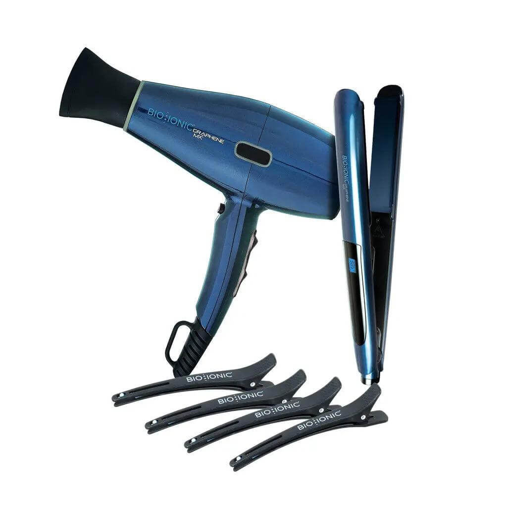 Bio Ionic Graphene MX Professional Styling Kit with Hair Dryer, 1 Inch Flat Iron, Round Brush, and Clips in Neoprene Bag