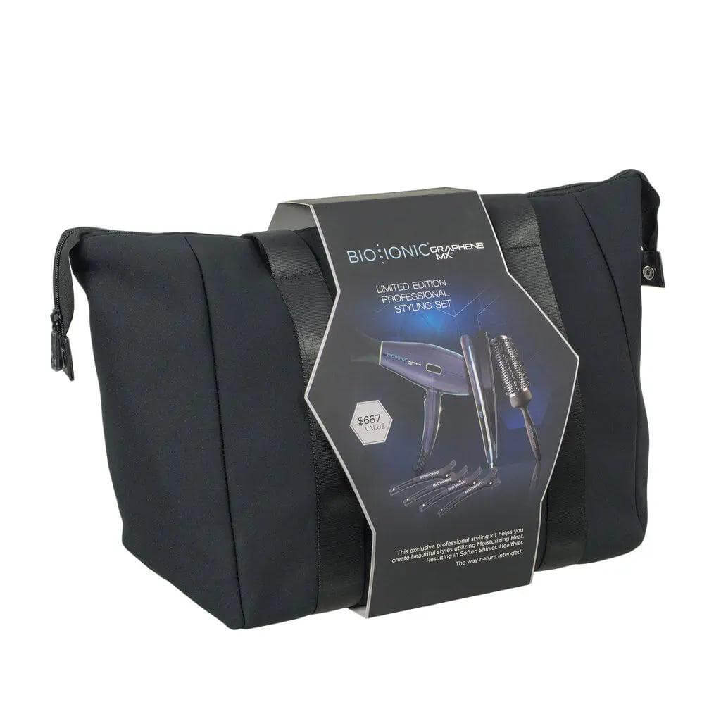 Bio Ionic Graphene MX Professional Stylist Set with hair dryer, flat iron, round brush, and clips in black neoprene bag