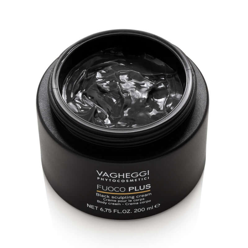 Fuoco Plus Black Sculpting Cream in open black jar, 200ml. Designed for buttocks, abdomen, and thighs with active botanicals.