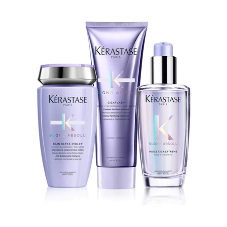 Blond Absolu Anti-Brass Essentials set, includes Bot Bain Ultra-Violet shampoo, Cicaflash conditioner, and Huile Cicaextreme oil.