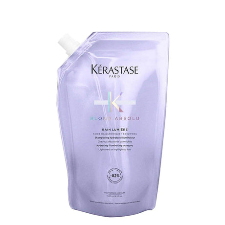 Blond Absolu Bain Lumière Refill Pouch by Kérastase made from 82% recycled plastic for refillable aluminum bottles.