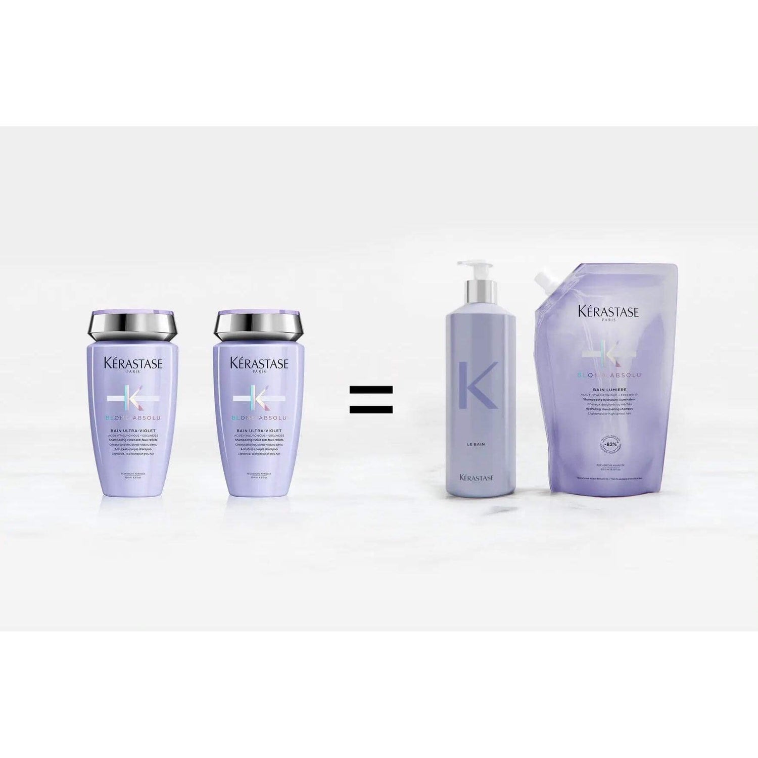 Kérastase Blond Absolu Bain Lumière refill pouch next to aluminum bottle, promoting reduced single-use plastic.