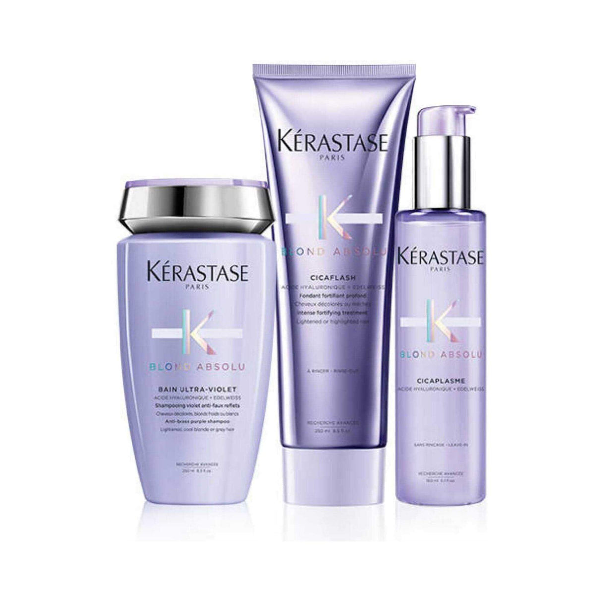 Kérastase Blond Absolu Californian haircare collection for bleached blonde hair with Bain Ultra-Violet shampoo and Cicaflash conditioner.