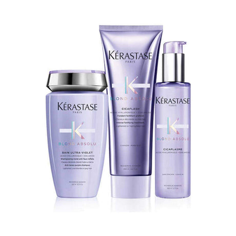 Kérastase Blond Absolu Californian haircare collection for bleached blonde hair with Bain Ultra-Violet shampoo and Cicaflash conditioner.