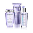 Kérastase Blond Absolu Essentials set for vibrant, luminous blonde hair with Bain Lumière shampoo, Cicaflash conditioner, and serum.