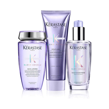 Kérastase Blond Absolu Essentials set for vibrant, luminous blonde hair with Bain Lumière shampoo, Cicaflash conditioner, and serum.