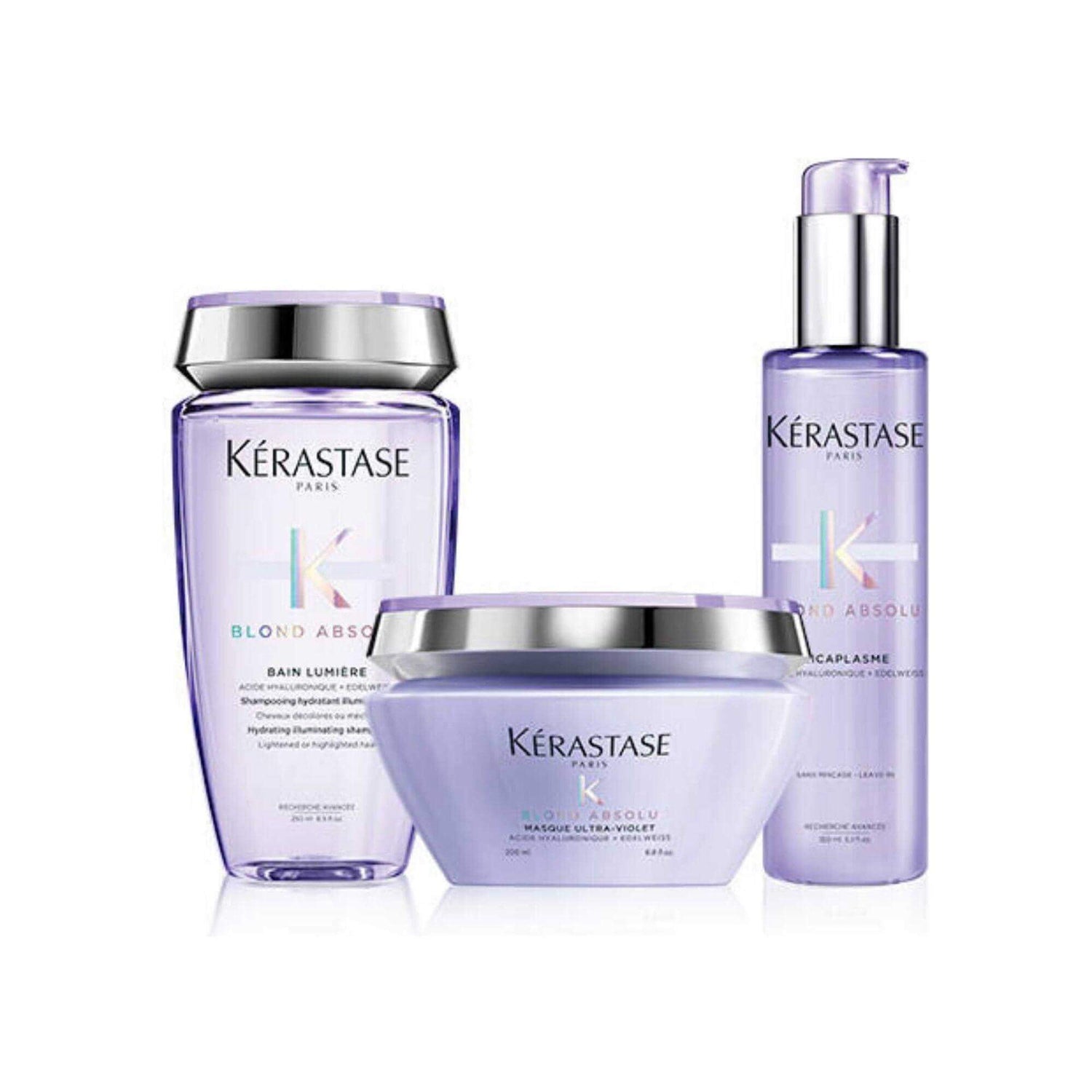Blond Absolu Highlights hair care collection, featuring Bain Lumière shampoo, hydrating mask, and nourishing serum for enhanced shine.