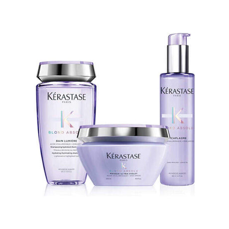 Blond Absolu Highlights hair care collection, featuring Bain Lumière shampoo, hydrating mask, and nourishing serum for enhanced shine.