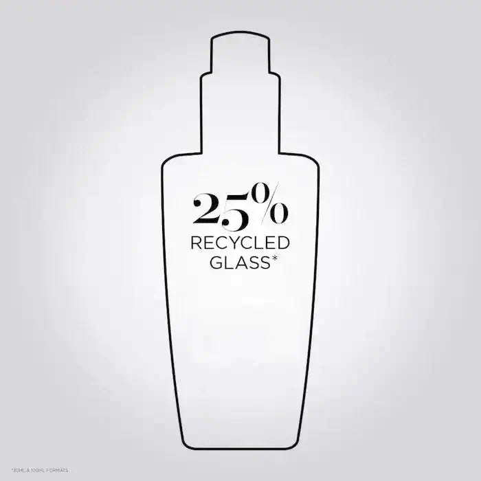 Outline of a bottle made from 25% recycled glass, promoting eco-friendly packaging for hair care products.