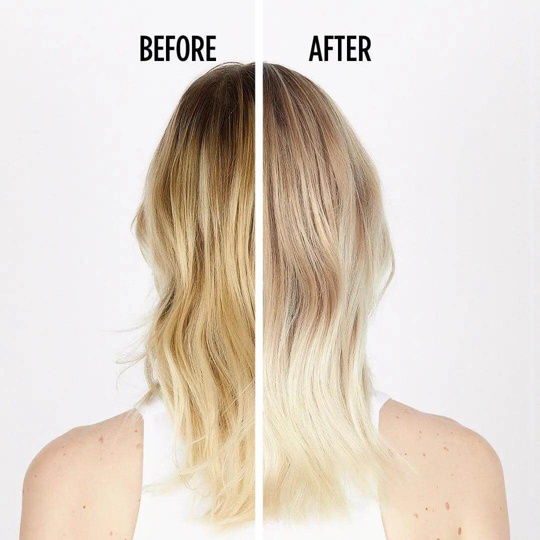 Before and after results of using Kérastase Blond Absolu Huile Cicaextreme on damaged blonde hair.