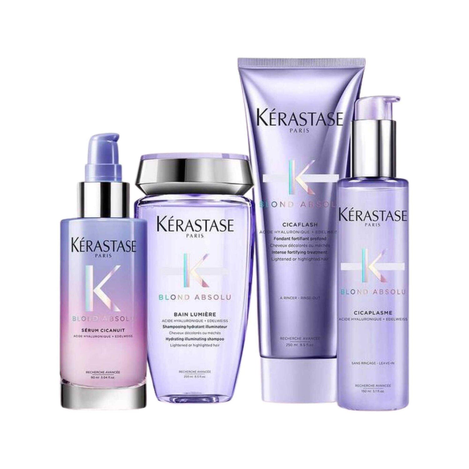 Kérastase Blond Absolu Moisture & Shine Collection for radiant blonde hair, featuring Sérum Cicanuit, Bain Lumière, Cicaflash, and Cicaplasme.