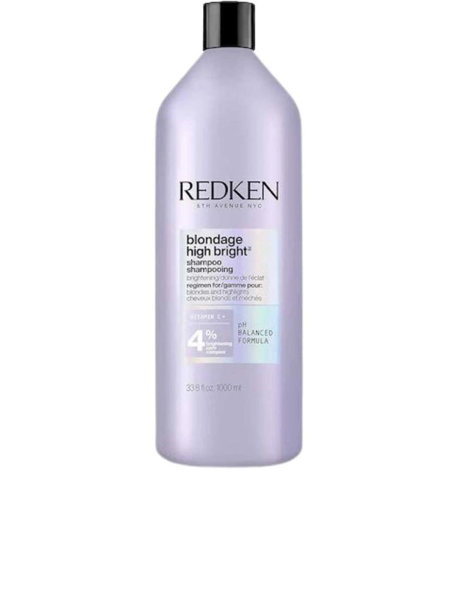 Redken Blondage High Bright Shampoo 1L bottle for enhancing blonde hair vibrancy and neutralizing brassy tones.