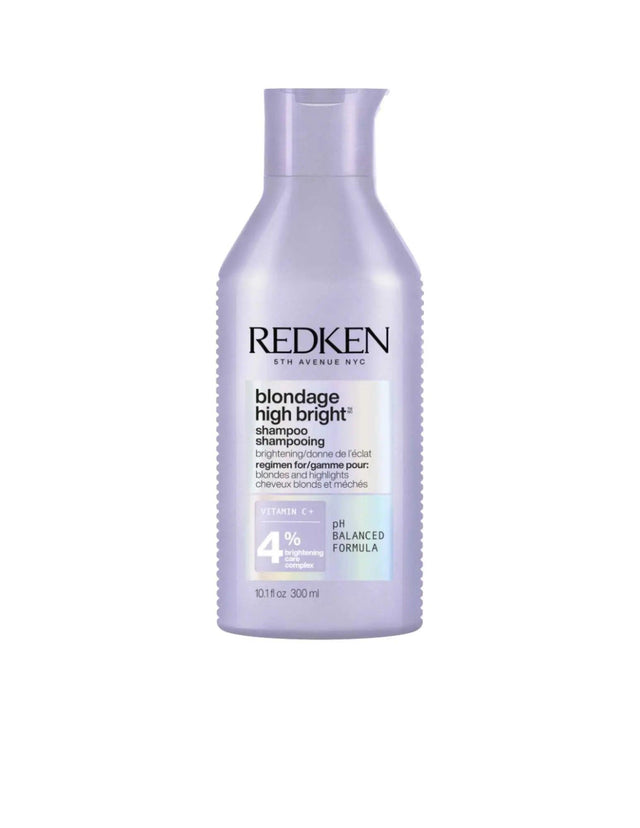 Redken Blondage High Bright Shampoo bottle enhances blonde hair vibrancy and neutralizes brassy tones. For all textures.