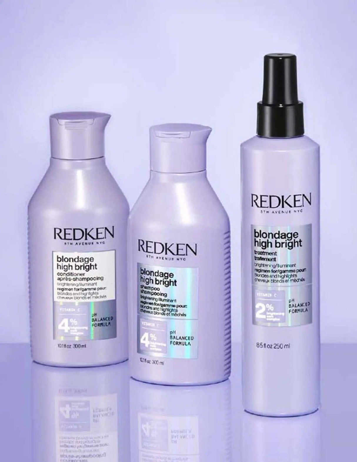 Redken Blondage High Bright Treatment bottles for blonde and highlighted hair, neutralizes brassiness and boosts brightness.