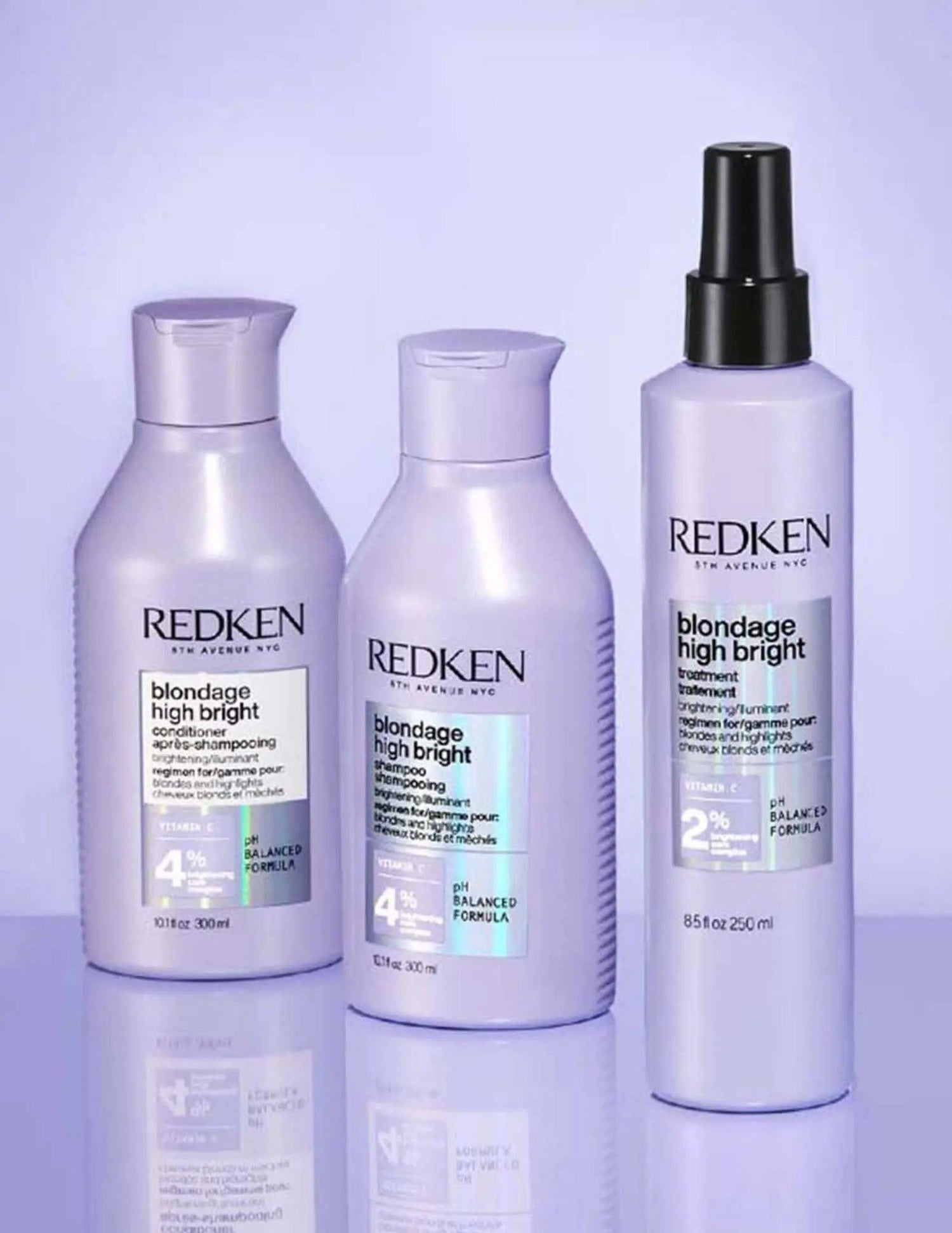 Redken Blondage High Bright Treatment bottles for blonde and highlighted hair, neutralizes brassiness and boosts brightness.