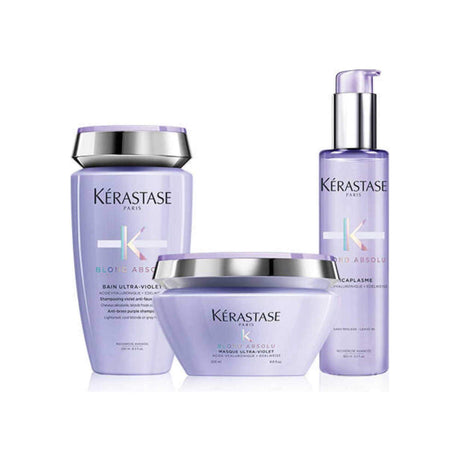 Blond Absolu Platinum hair care products including purple shampoo, masque, and serum for enhanced strength and shine.