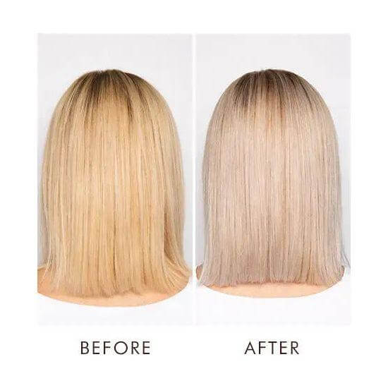 Before and after using Blonde Perfecting Purple Shampoo with brassiness reduced and cooler blonde tones.