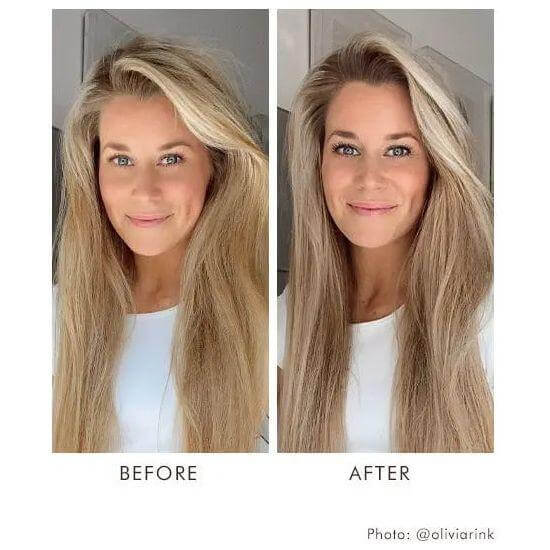 Before and after using Moroccanoil Blonde Perfecting Purple Shampoo showcasing enhanced hair brightness and reduced brassiness.